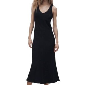Zara Black Maxi Dress Sz S Viscose Ruched Strap Sleeveless Travel Resort Brunch